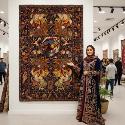 Majestic Afghan Handmade Shikargah Rug – 6.5 ft x 10 ft – Exquisite Hunting Scene with Horsemen and Floral Motifs – Premium Wool, Traditional Afghan Craftsmanship