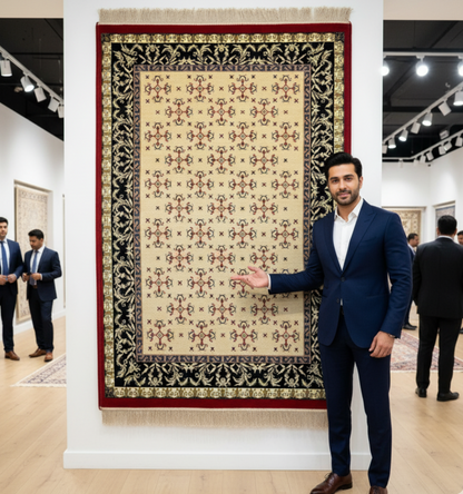 3 ft x 6 ft Persian Rug - Shiraz Elegance Collection - Ivory with Red & Black Border