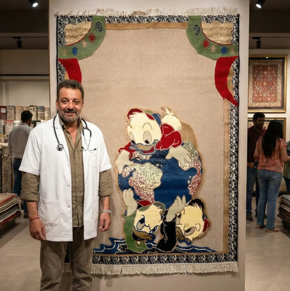 Man standing next to a large decorative rug with cartoon characters in an indoor setting