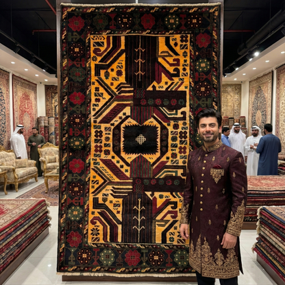 Stunning 4 ft x 6 ft Handmade Baluchi Rug - Yellow and Black Geometric Design