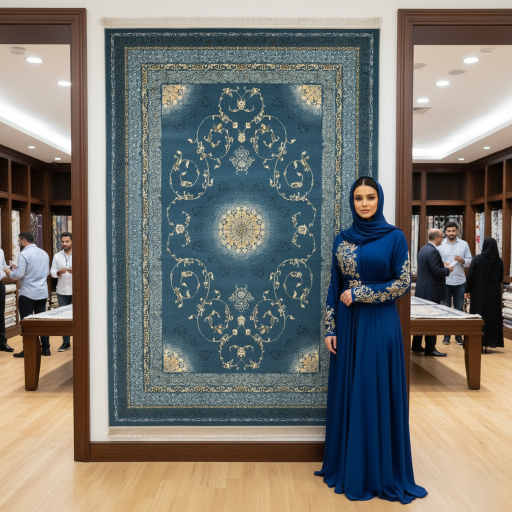 Luxurious Persian Rug 5ft x 8ft - Farsh Nagin Chaman Design in Blue & Gold - 1200 Reeds Acrylic Rug