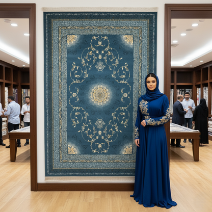 Luxurious Persian Rug 5ft x 8ft - Farsh Nagin Chaman Design in Blue & Gold - 1200 Reeds Acrylic Rug