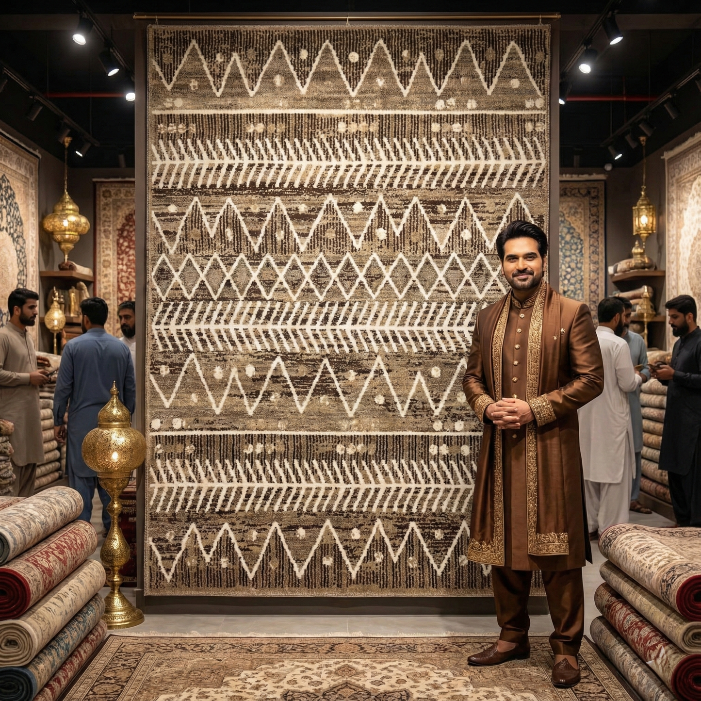 Modern Brown and White Persian Area Rug - 5 ft x 8 ft - 500 Reeds Guardian Collection