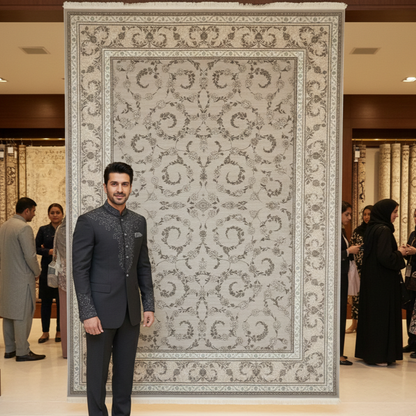 Premium Persian Silk Rug 8 ft x 11 ft | Beheshti Tabriz 1200 Reeds | Soft Gray Elegance