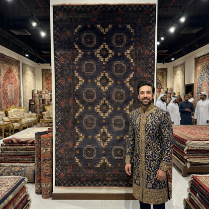 Handmade Baluchi Rug - 3x6 ft | Premium Afghan Wool Carpet | Dark Blue Geometric Pattern