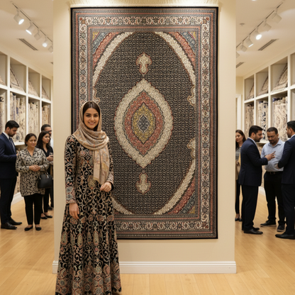 uxurious Persian 5 ft x 8 ft Black & Beige Oval Medallion Rug - 1000 Reeds - Farsh Nagin Chaman Machine Made Acrylic