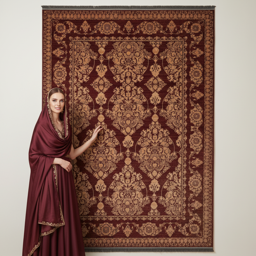 Elegant Persian Rug 8 ft x 11 ft | Beheshti Tabriz 1200 Reeds | Silk & Cotton in Regal Burgundy