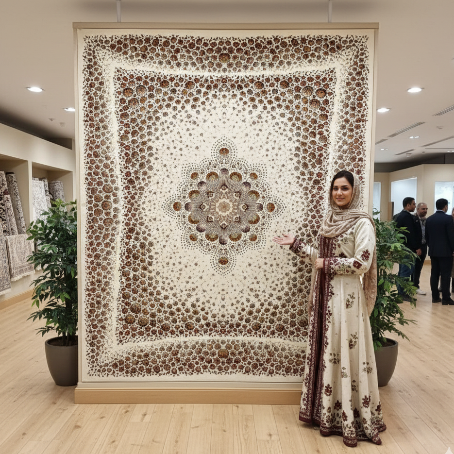 10 ft x 13 ft - Persian Solomon Silk Rug - 1500 Reeds Premium - Floral Cream Elegance