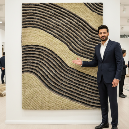 4 ft x 6 ft Turkish Shaggy Rug - Bodrum Waves Collection - Beige & Brown Textured Design