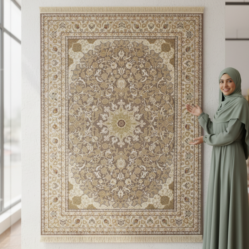 Persian Silk Rug 8 ft x 11 ft | Beheshti Tabriz 1200 Reeds | Cream & Gold Medallion Design