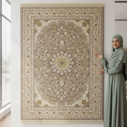 Persian Silk Rug 8 ft x 11 ft | Beheshti Tabriz 1200 Reeds | Cream & Gold Medallion Design