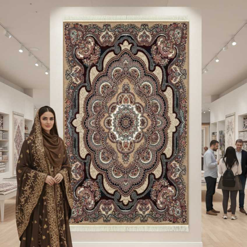 Luxurious Beige & Maroon Persian Rug 5 ft x 8 ft - 1000 Reeds - Farsh Nagin Chaman - Machine Made Acrylic Rug