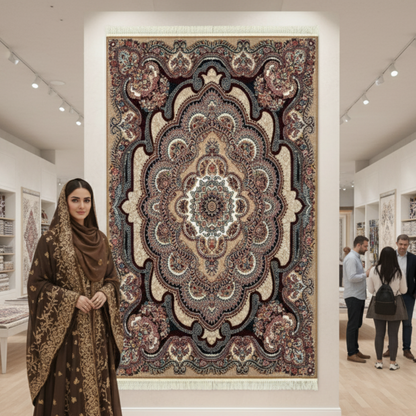 Luxurious Beige & Maroon Persian Rug 5 ft x 8 ft - 1000 Reeds - Farsh Nagin Chaman - Machine Made Acrylic Rug