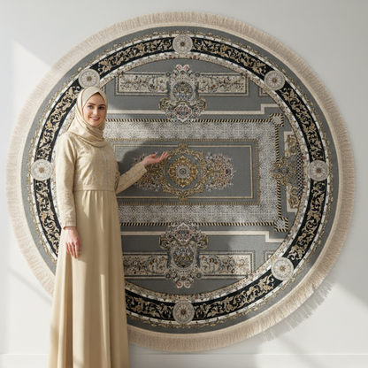 5 ft x 5 ft Persian Round Rug – Miniature by Pars Nagsh Kashan – 1500 Reeds – Elegant Grey and Gold Design