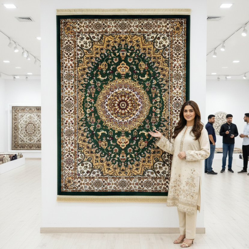 Turkish Rug - Golden Medallion Collection - Green & Ivory Luxury Design