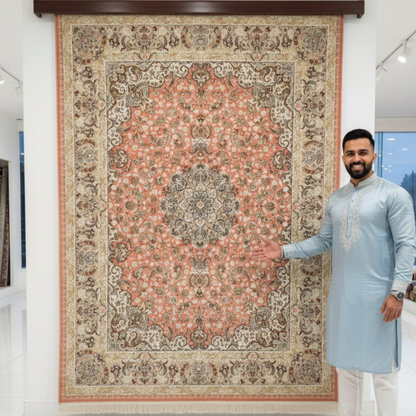 10 ft x 13 ft Persian Silk Rug – Beheshti Tabriz Collection, Coral & Ivory