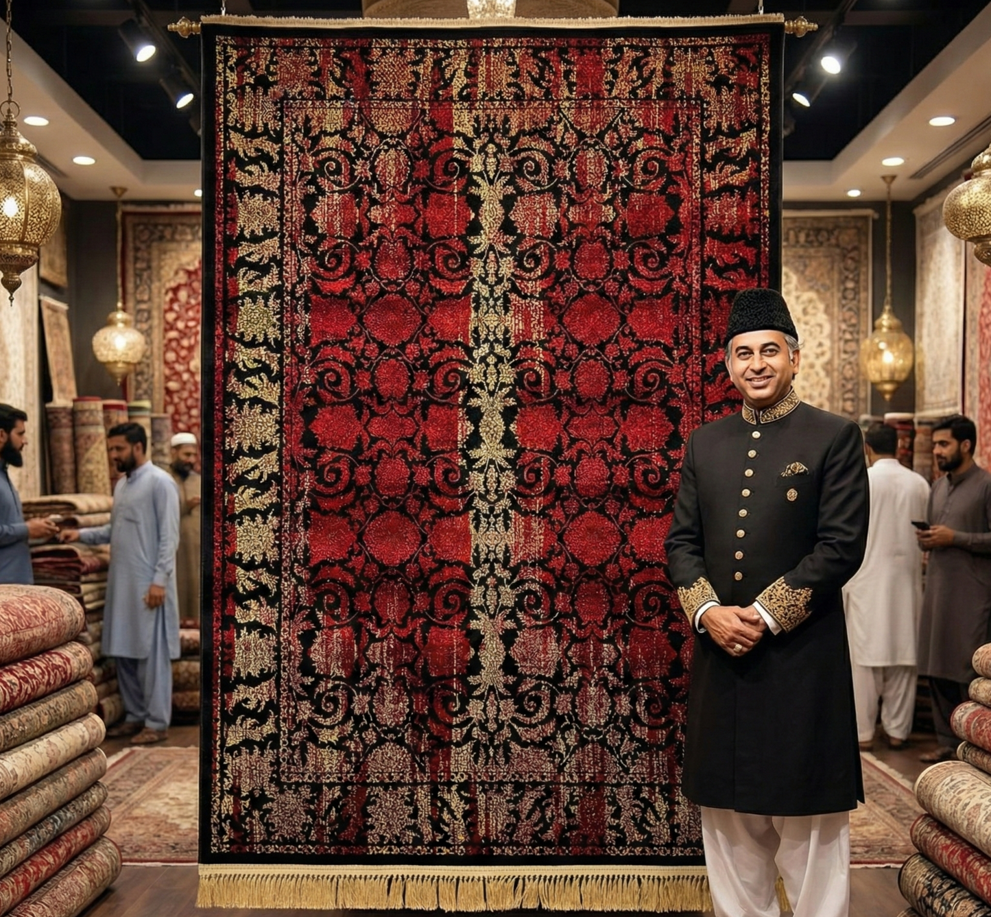 Elegant Black and Red Wine Persian Area Rug - 5 ft x 8 ft - 700 Reeds Nagina Mashad Helal Collection