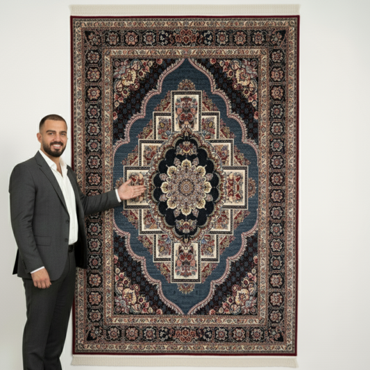 7ft x 10ft Persian Rug - Farsh e Nagin Chaman - 1000 Reeds - Luxurious Red & Blue Design