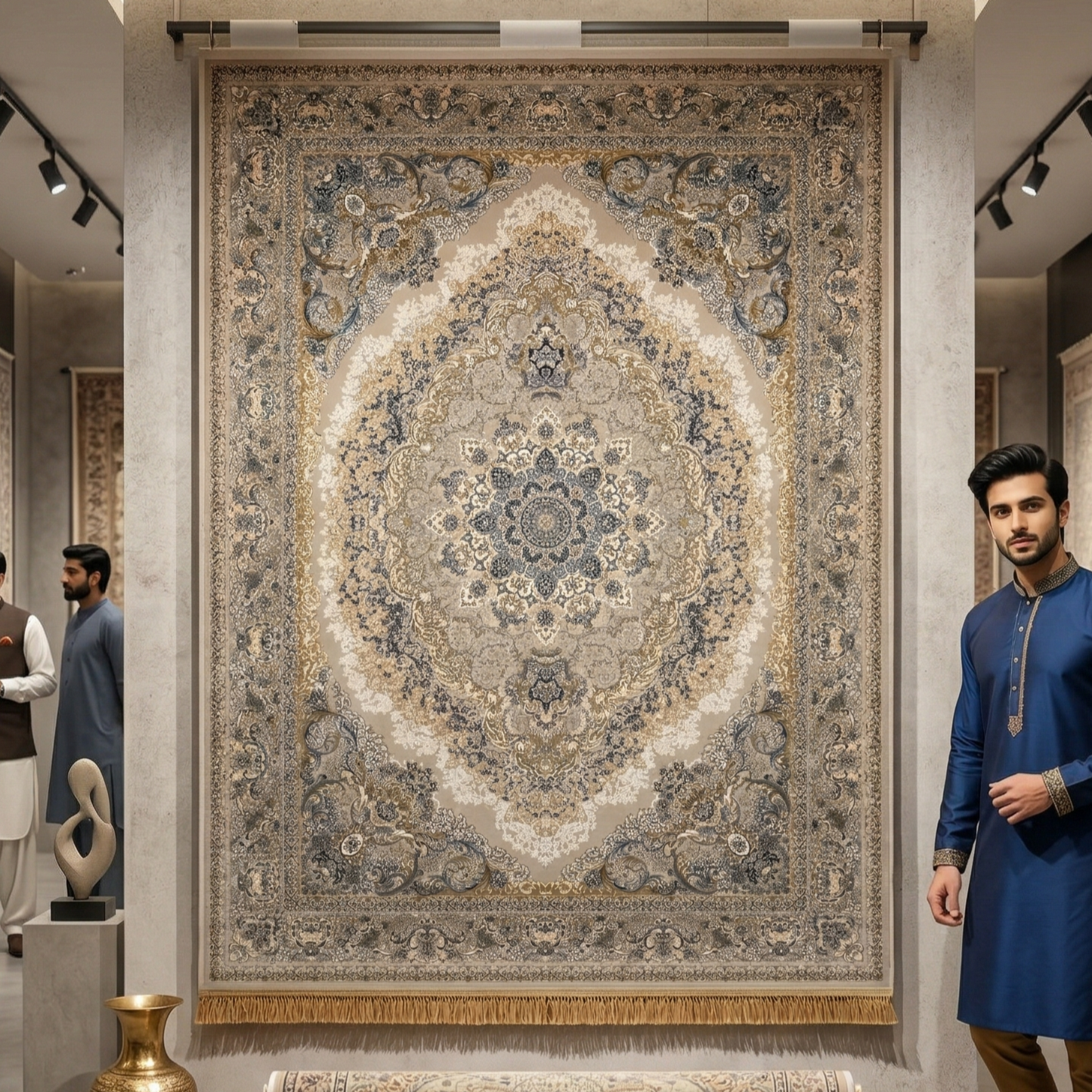 Persian Kashani Bamboo Silk Rug 8x11 ft 1500 Reeds Beige Gold Luxury Iranian Carpet