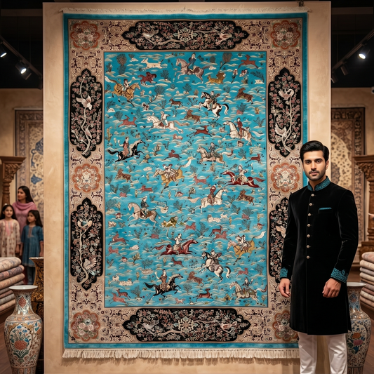 Persian Hunting Scene Pure Silk Abresham Rug 8 ft x 11 ft | 1600 Reed