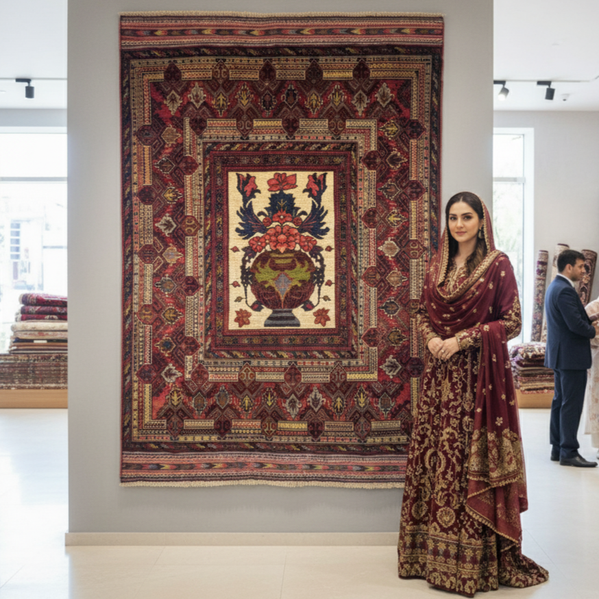 4.5 ft x 6.5 ft Afghan Handmade Wool Rug - Sultani Guldan Floral Vase Design, Luxurious & Durable