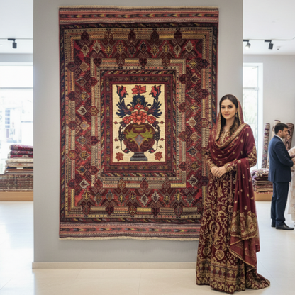 4.5 ft x 6.5 ft Afghan Handmade Wool Rug - Sultani Guldan Floral Vase Design, Luxurious & Durable