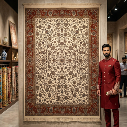 Persian Kashani Bamboo Silk Rug 8x11 ft 1500 Reeds Cream Red Luxury Iranian Carpet