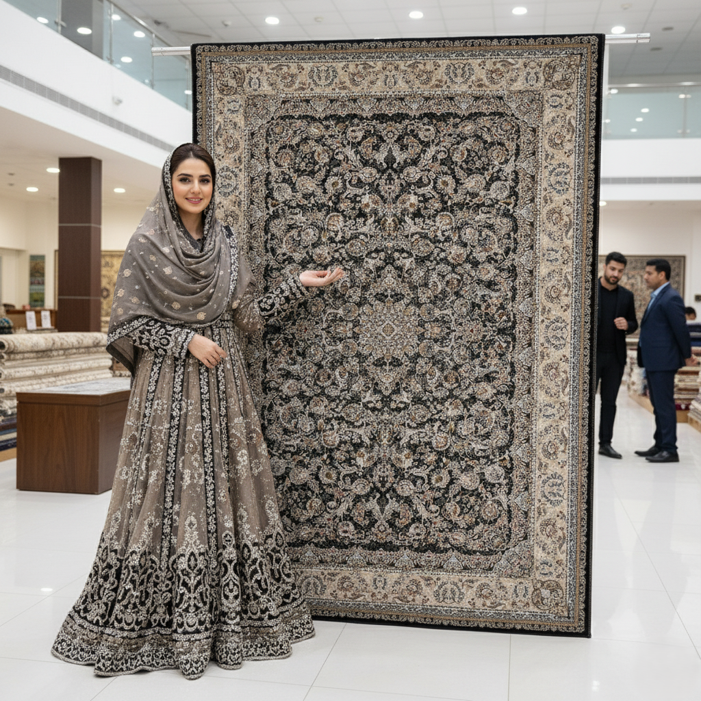 5ft x 8ft Persian Rug - Miniature - 1500 Reeds - Premium Silk - Luxurious Black & Ivory Design | Machine-Made Excellence