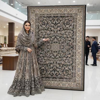 5ft x 8ft Persian Rug - Miniature - 1500 Reeds - Premium Silk - Luxurious Black & Ivory Design | Machine-Made Excellence