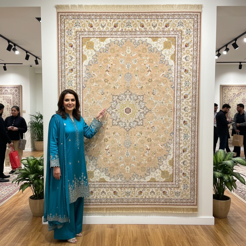 8x11 ft Persian Rug - Beheshti Tabraiz Collection - Peach Beige Silk Luxury Machine-Made