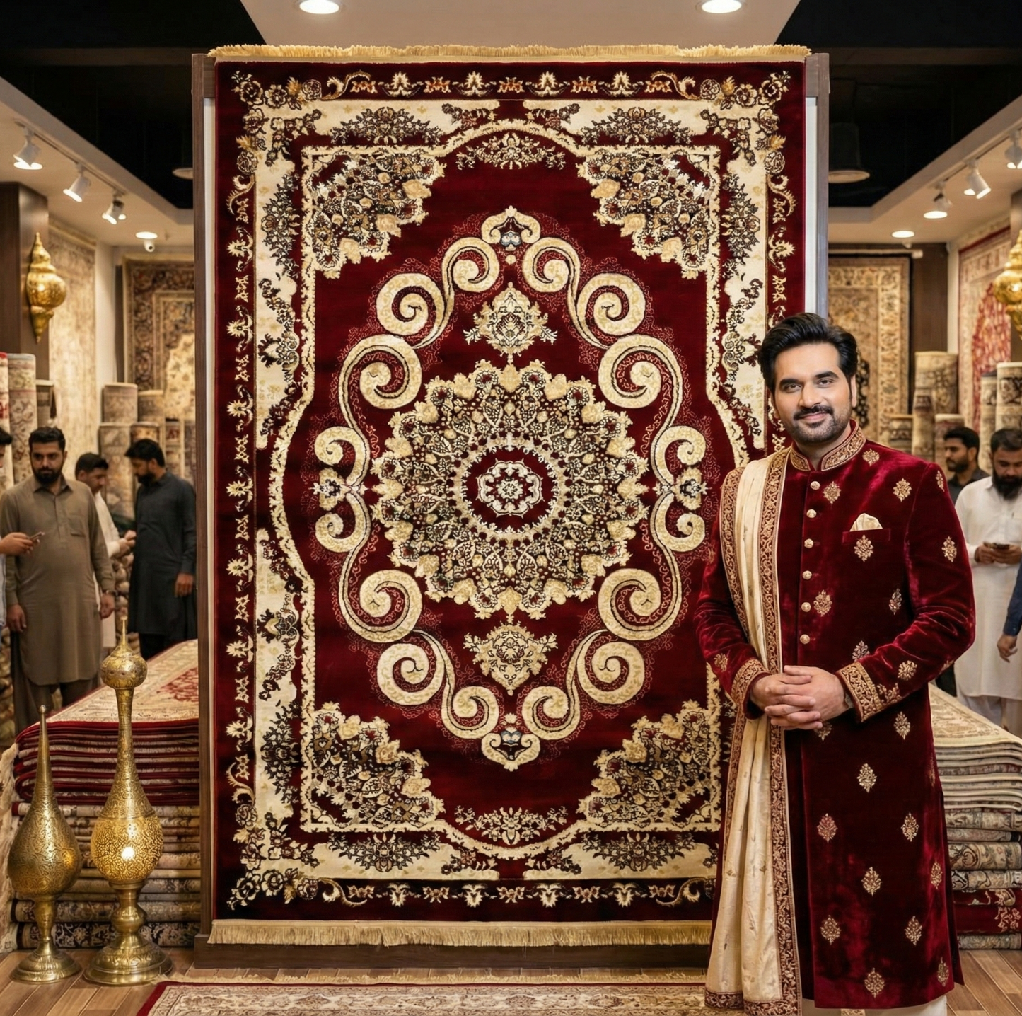 Luxurious 7 ft x 10 ft JD Turkish Napoli Area Rug - Opulent Red Wine and Beige Design