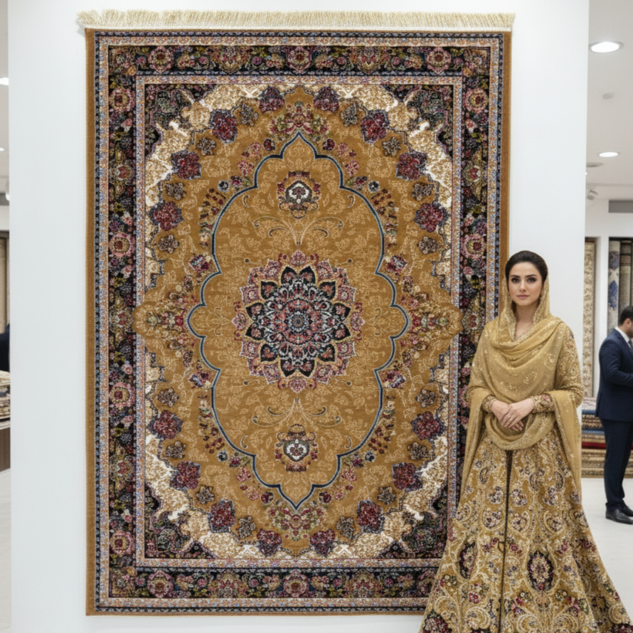 7ft x 10ft Persian Rug - Farsh e Nab, 500 Reeds, Acrylic & Polyester - Elegant Gold & Floral Design