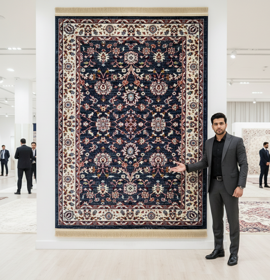 Turkish Rug - Midnight Blossom Collection - Navy & Ivory Floral Elegance