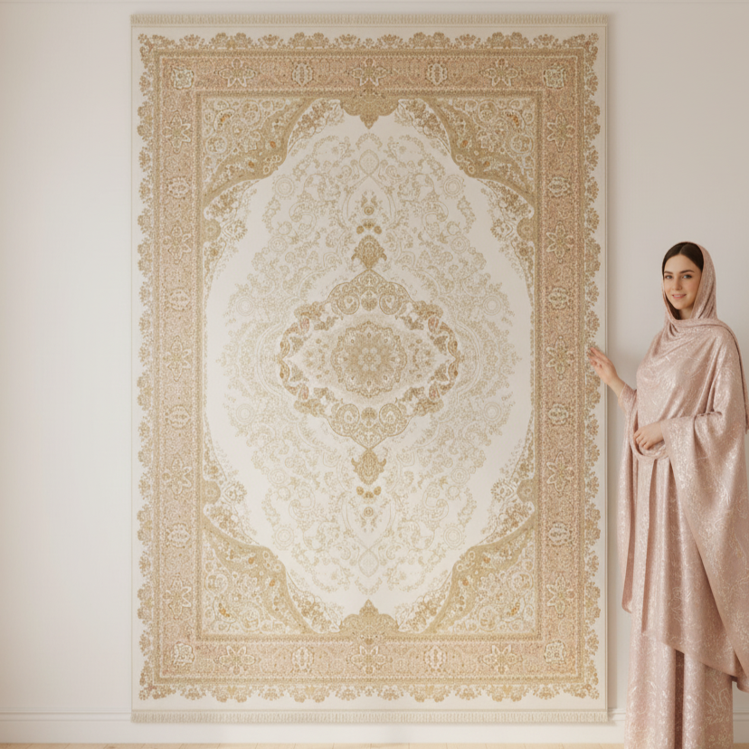Premium 8 ft x 11 ft Persian Silk Rug | Beheshti Tabriz 1500 Reeds | Ivory & Gold Palace Elegance