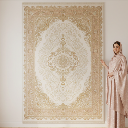 Premium 8 ft x 11 ft Persian Silk Rug | Beheshti Tabriz 1500 Reeds | Ivory & Gold Palace Elegance