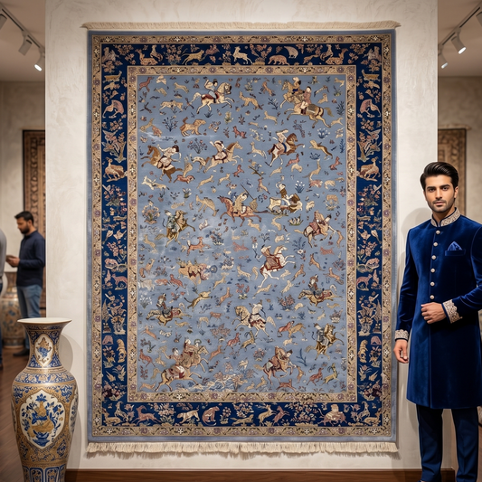 Persian Isfahan Hunting Scene Pure Silk Abresham Rug 8 ft x 11 ft | 1600 Reed