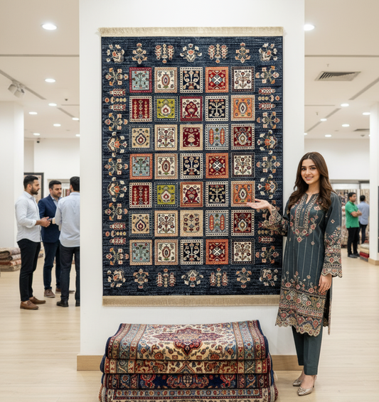 Turkish Rug - Ottoman Mosaic Collection - Navy Multicolor Tribal Squares