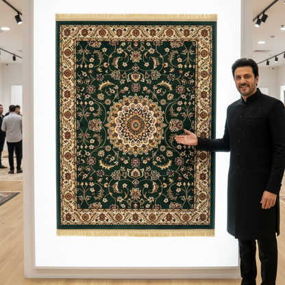 Turkish Rug - Emerald Medallion Collection - Green & Cream Classic Design