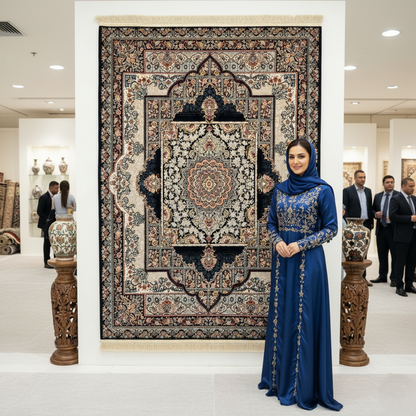 Exquisite Black and Beige Persian Rug 5 ft x 8 ft - 1000 Reeds - Farsh Nagin Chaman - Premium Acrylic Machine Made Rug