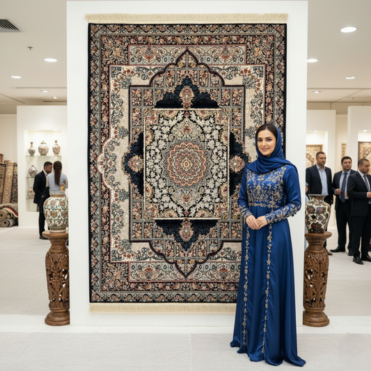 Exquisite Black and Beige Persian Rug 5 ft x 8 ft - 1000 Reeds - Farsh Nagin Chaman - Premium Acrylic Machine Made Rug