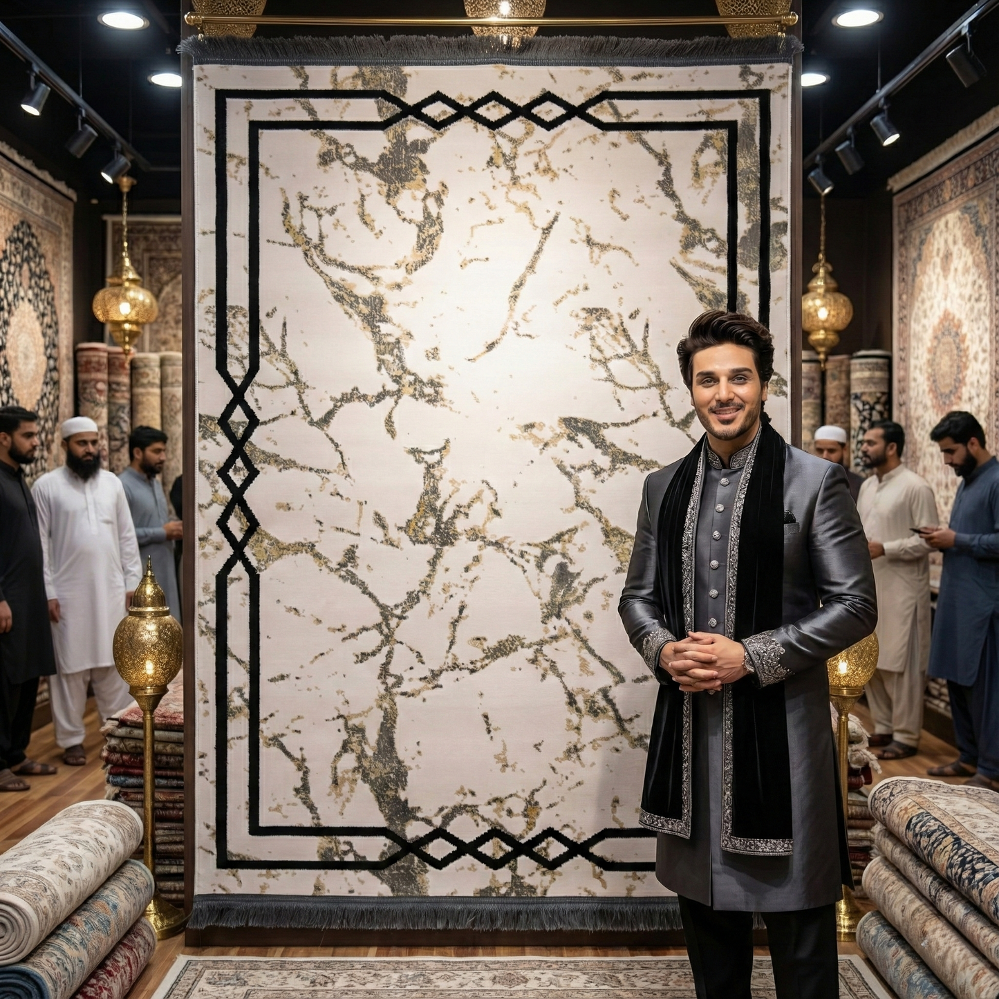 Stylish 3 ft x 5 ft Persian Silky Area Rug - Harmony 2 - Faded Beige and Black - Modern & Contemporary Accent Rug