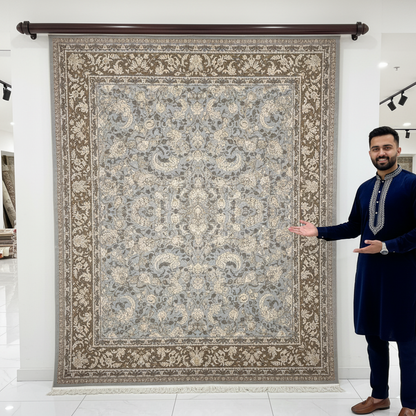 10 ft x 13 ft Persian Rug – Beheshti Tabraiz Collection, Silk, Beige & Grey