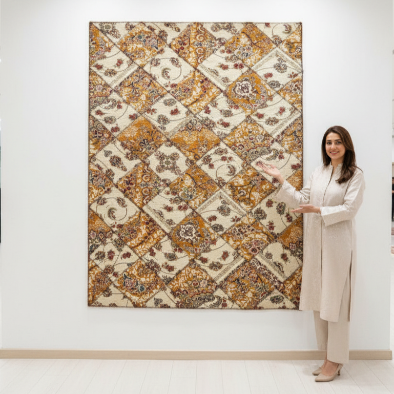 5 ft x 8 ft Persian Rug - Isfahan Majesty Collection - 1200 Reeds - Gold & Cream Patchwork Design