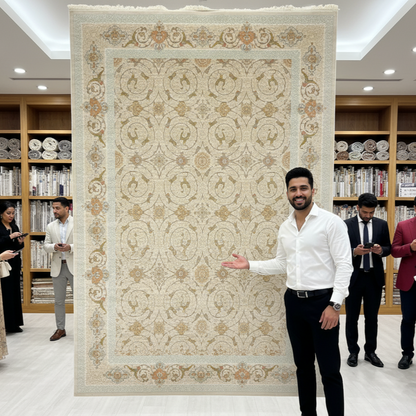 8x11 ft Persian Rug - Beheshti Tabraiz Collection - Ivory Silk Luxury Machine-Made