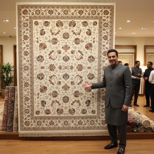 10 ft x 13 ft - Persian Solomon Silk Rug - 1500 Reeds Premium - Ivory & Floral Design