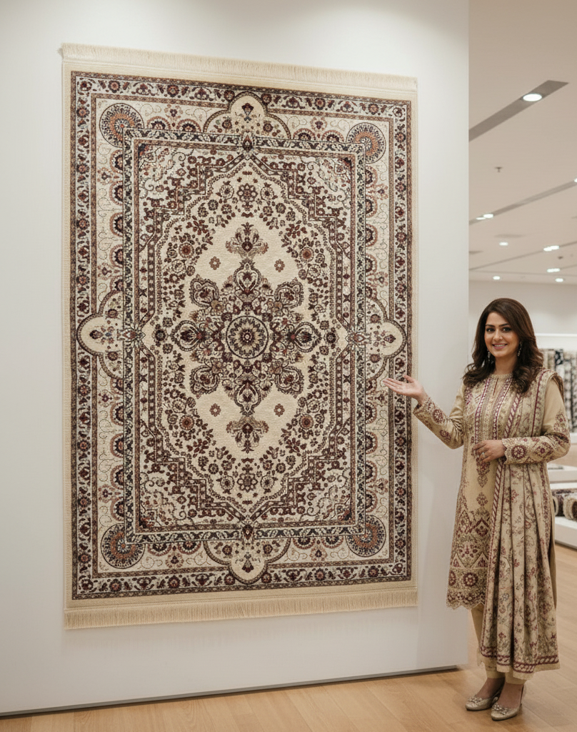 Turkish Rug - Desert Pearl Collection - Beige & Black Floral Medallion