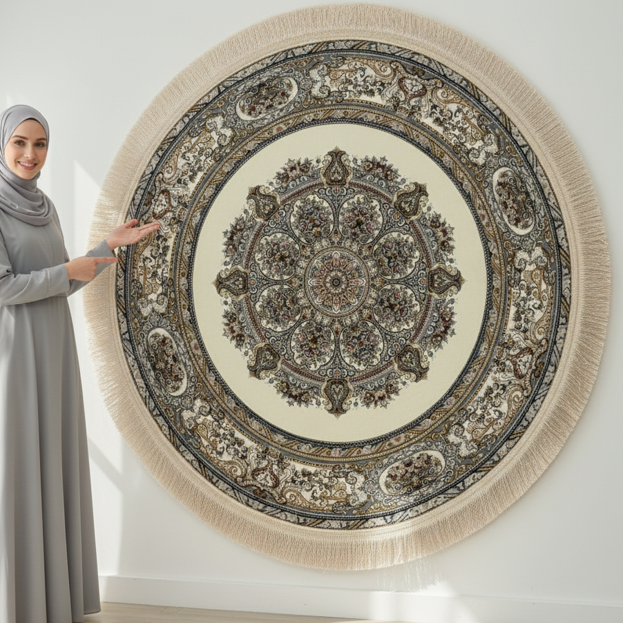 3 ft x 3 ft Persian Round Rug - Miniature by Pars Nagsh Kashan - 1500 Reeds - Elegant Ivory & Gold