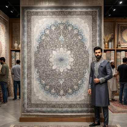 Persian Beheshti Rug – Bamboo Silk – 10×13 ft – 1500 Reeds – Silver Grey