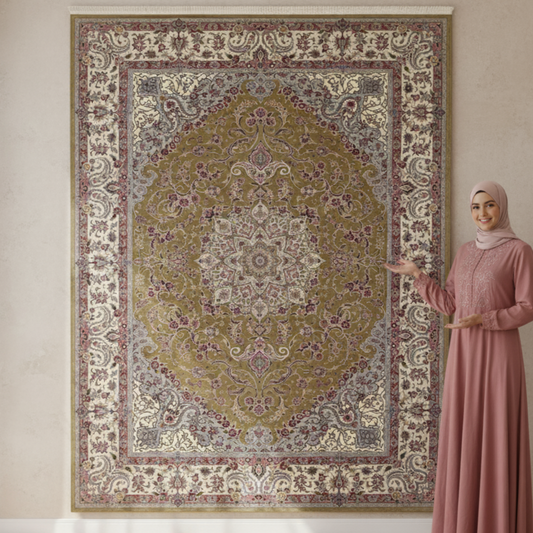8 ft x 11 ft Persian Rug | Beheshti Tabriz 1200 Reeds | Luxury Silk & Cotton Floral Olive Green