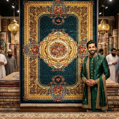 Luxurious 7 ft x 10 ft Persian Silky Ronika Area Rug - Dark Blue with Multi-Color Accents